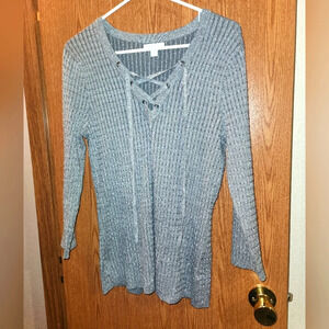 New York and Company Gray Sparkly Long Sleeve Lace Up V-Neck Sweater